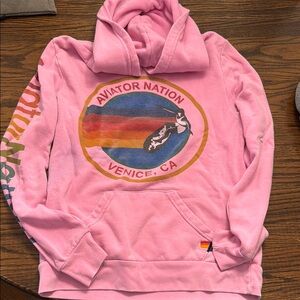 Aviator Nation Pink Hoodie with Rainbow Logo